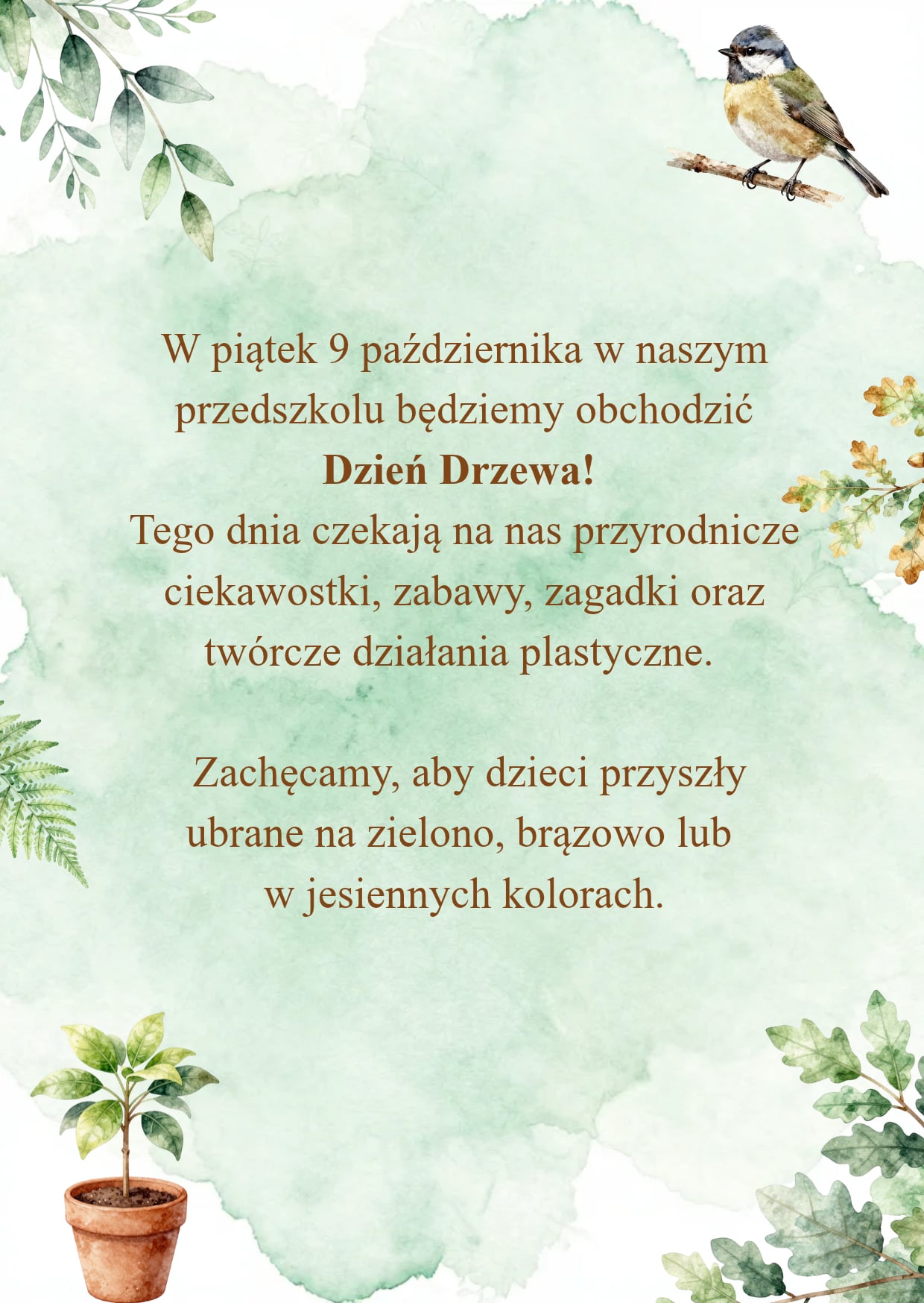 ogłoszeniena zielonym tle o dniu Drzewa - 9 października
