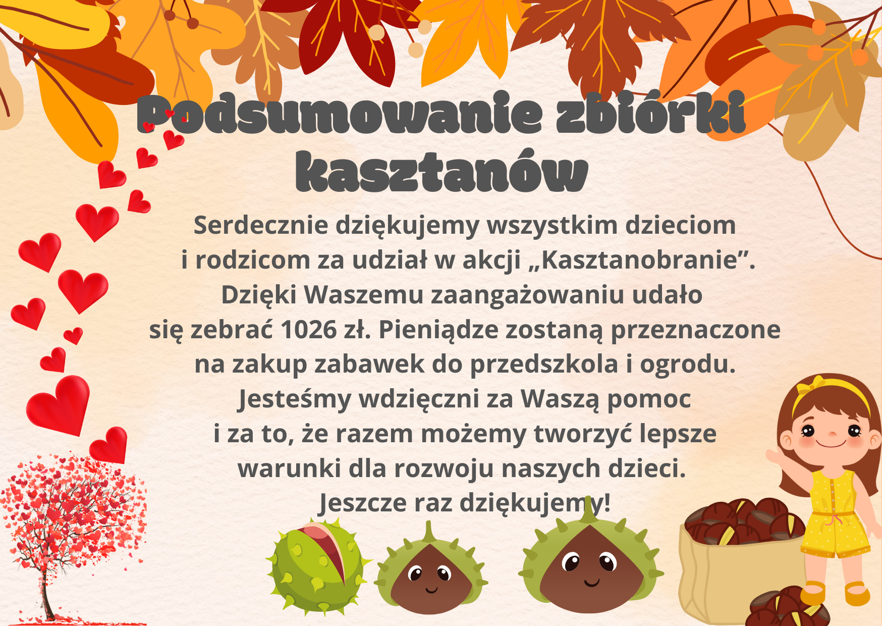 Podziękowanie za udział w akcji "Kasztanobranie", w tle kasztany, serca