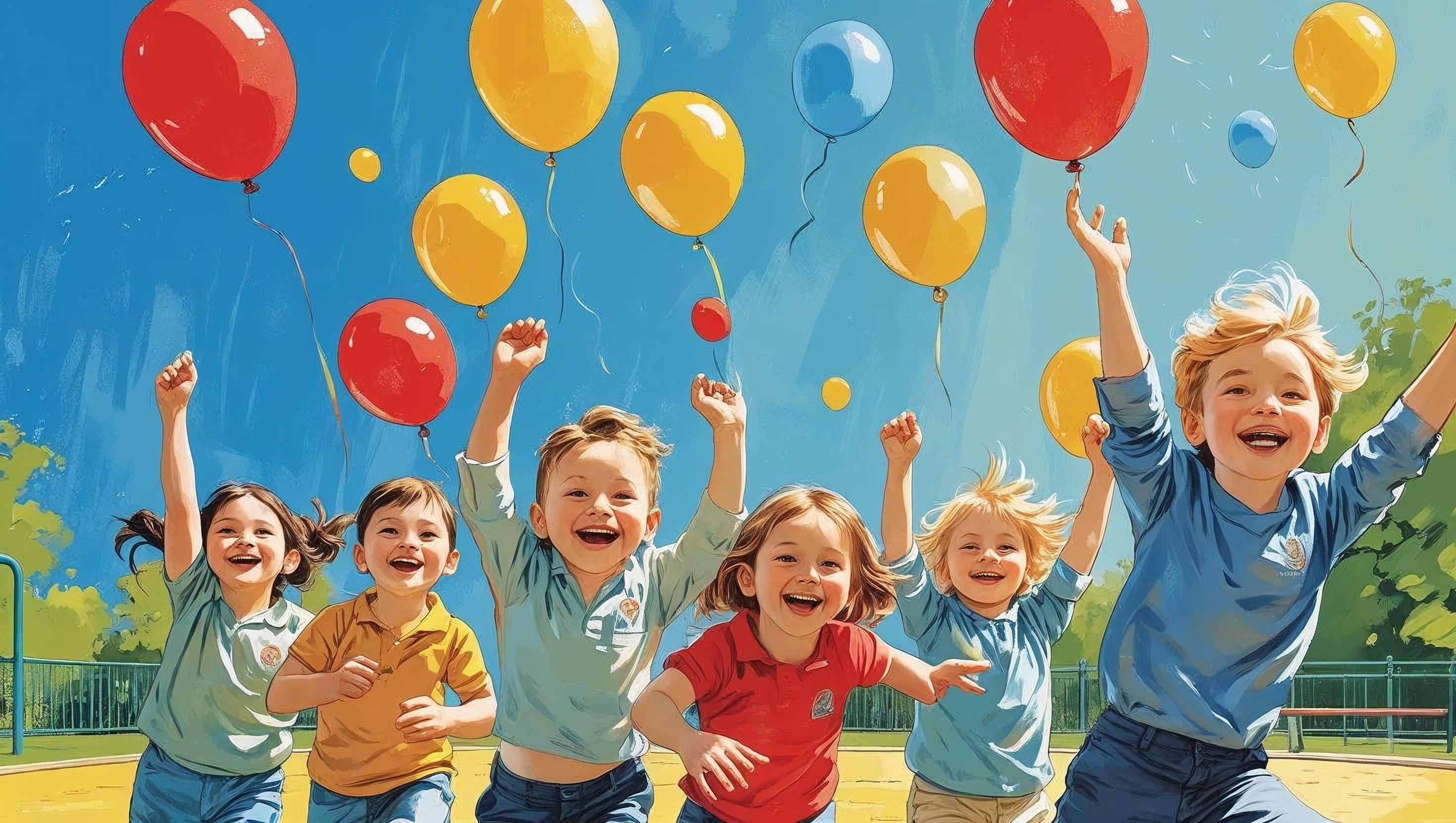 Plakat przedstawiający roześmiane dzieci, balony