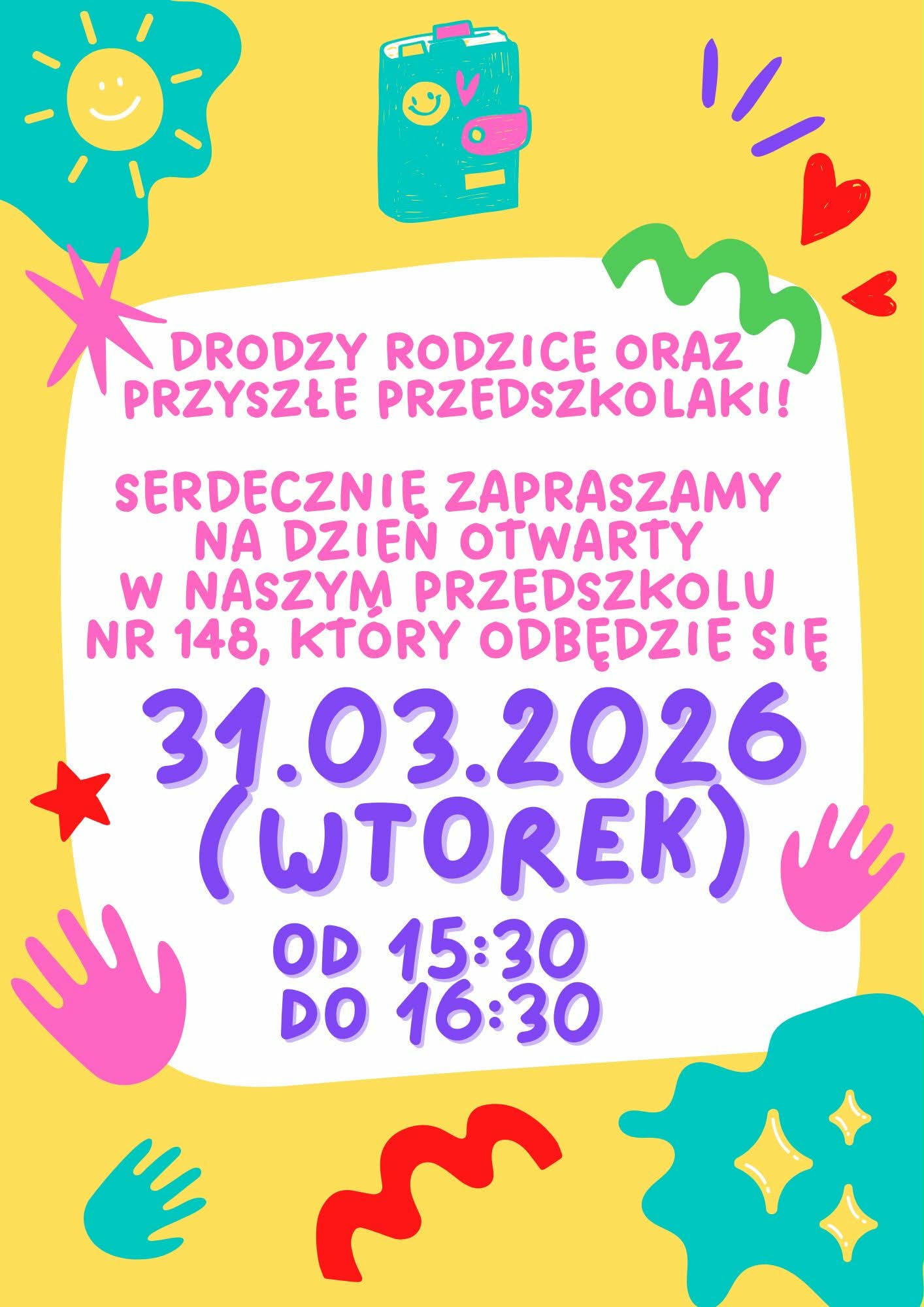 ogłoszenie o dniu otwartym w przedszkolu, napisane na białym tle, dookoła kolorowe symbole a 