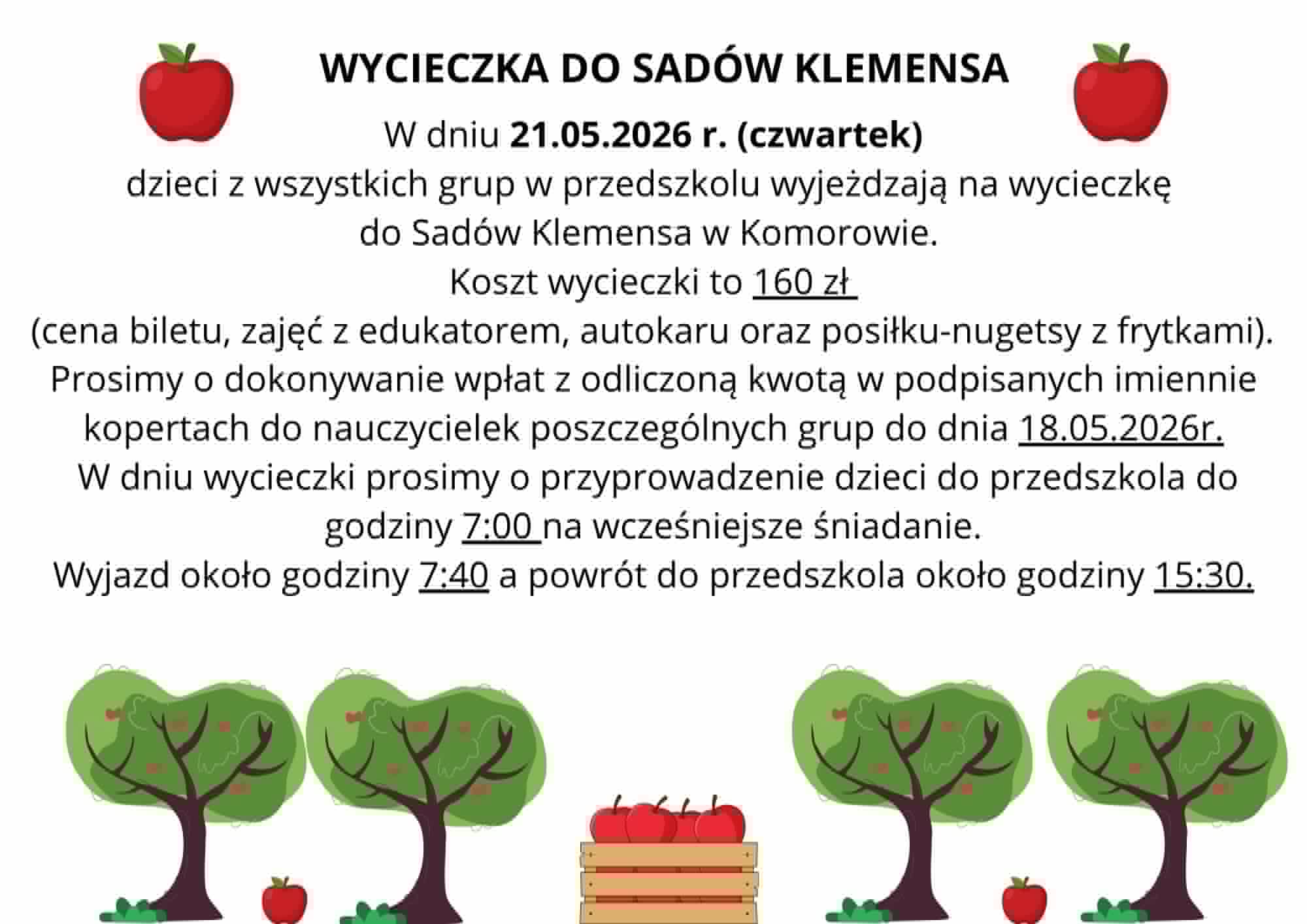 ogłoszenie dotyczące wycieczki do Sad&oacute;w Klemensa. W tle ilustracje przedstawiające drzewa, jabłka