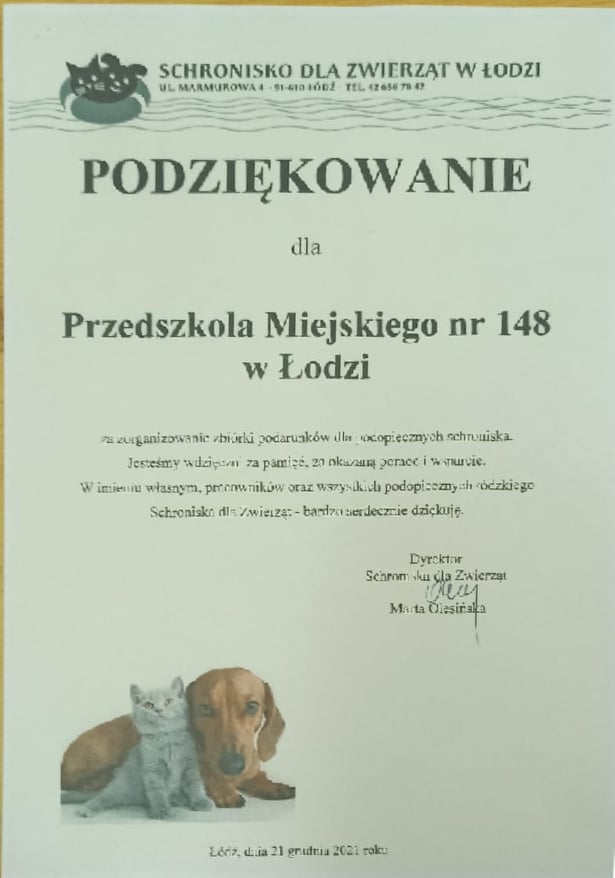 Podziękowanie ze schroniska dla zwierząt z ul Marmurowej