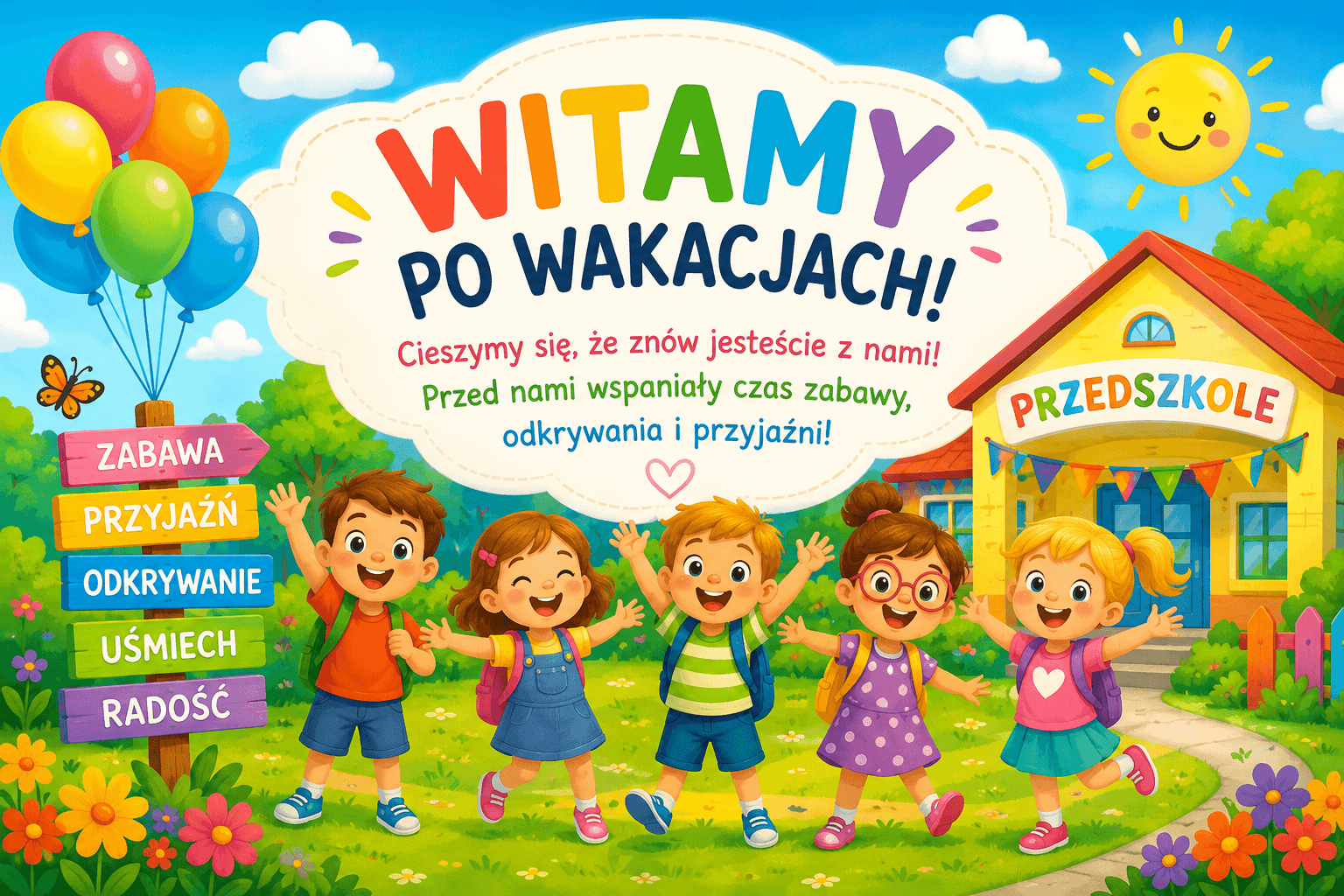 Radosne dzieci przed przedszkolem po powrocie z wakacji