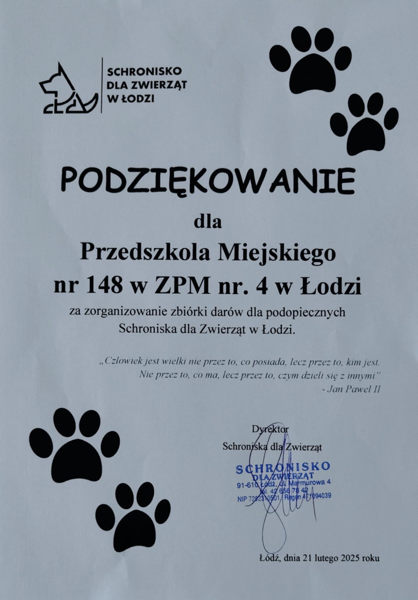 Podziękowanie za udziałw zbiórce darów dla schroniska