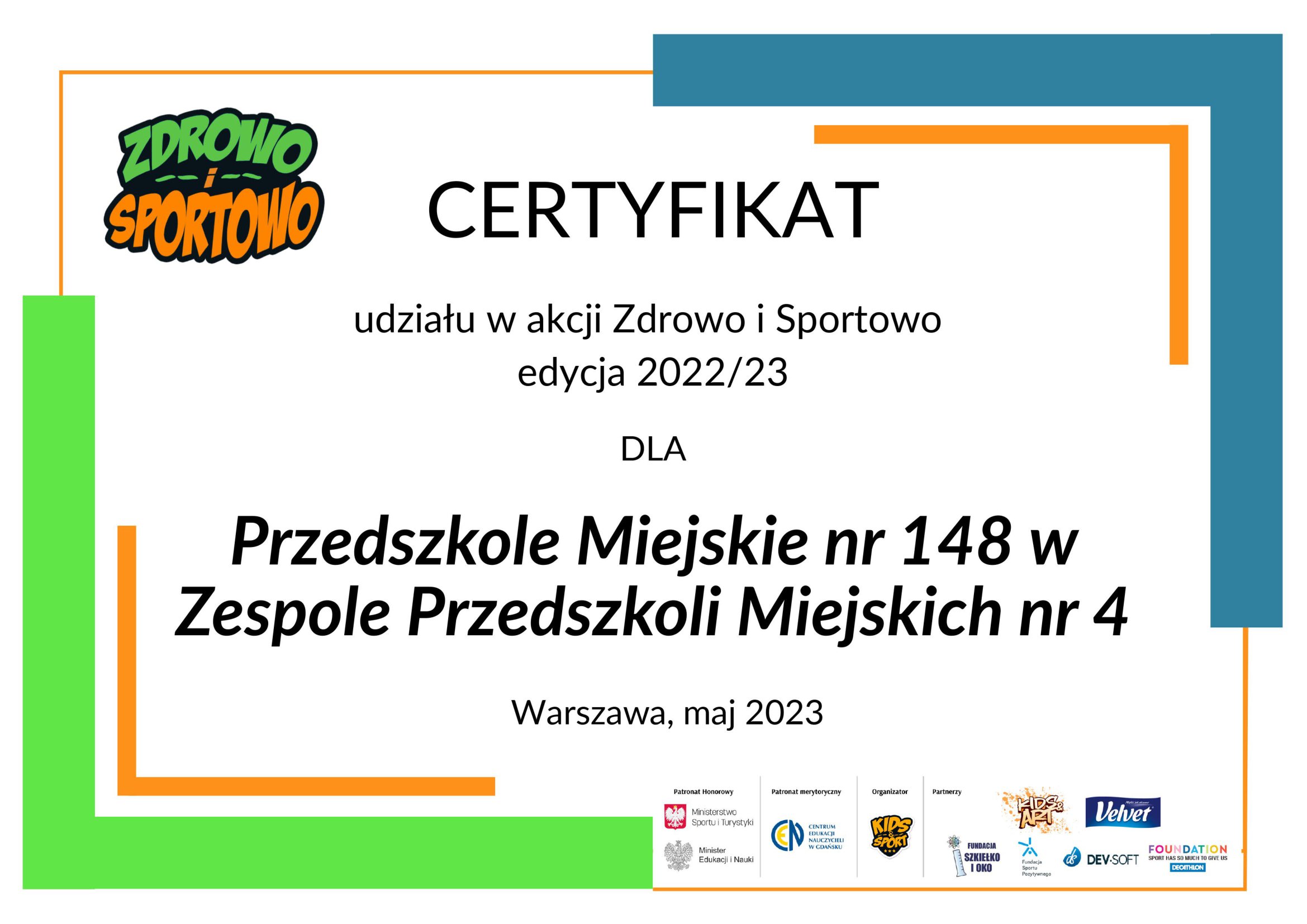 certyfikat przedstawiający ozdobny napis dotyczący uczestnictwa PM nr 148 w akcji Zdrowo i Sportowo