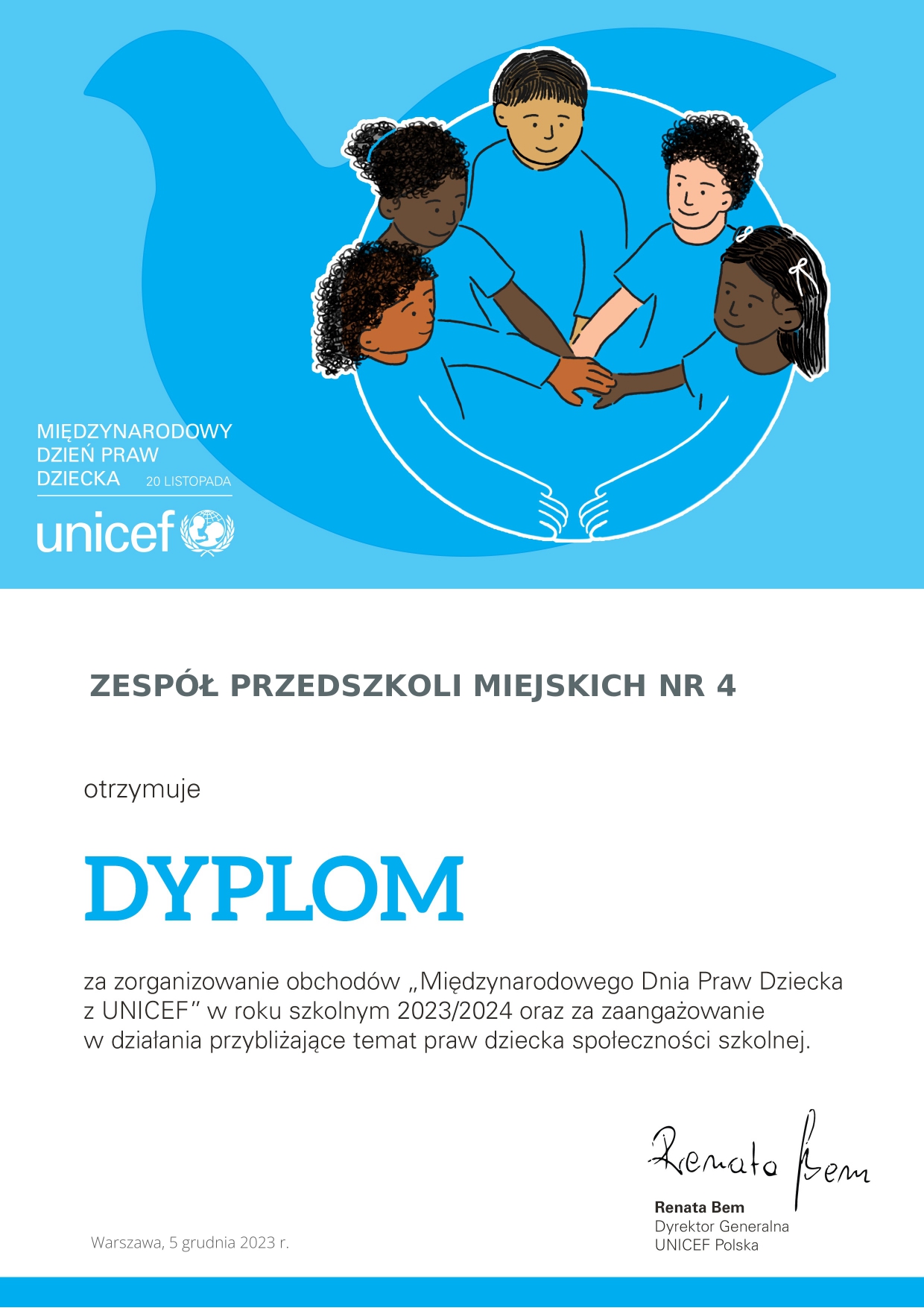Dyplom uvzestnictwa w akcji Międzynarodowy Dzień Praw Dziecka z Unicef -Grafika w kolorze niebieskim przedstawiająca grupę dzieci 