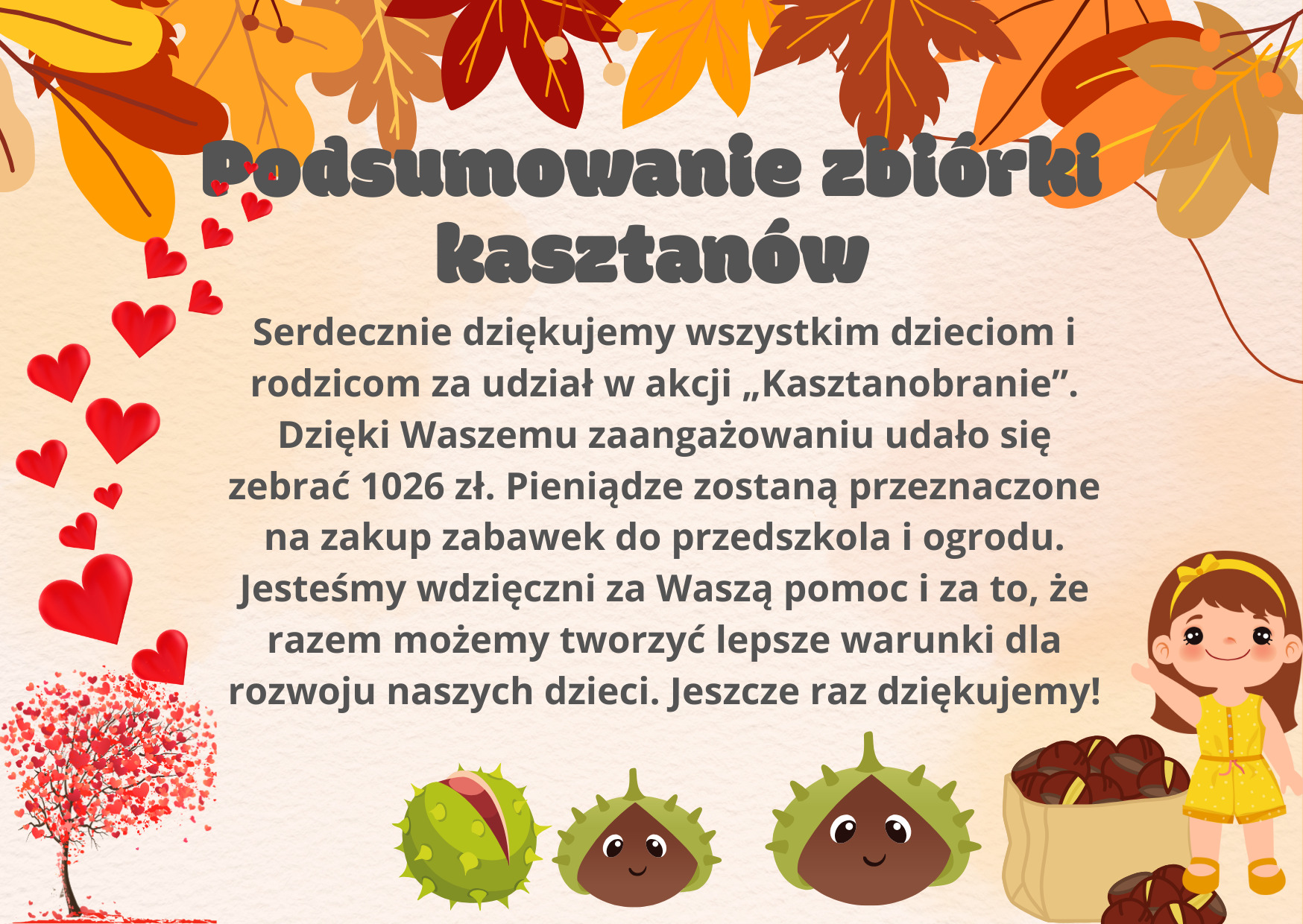 Podziękowanie za udział w zbiórce kasztanów, w tle kasztany, serca