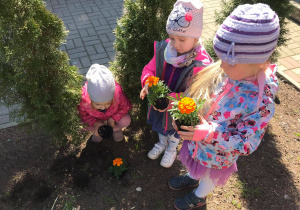 Dziewczynki z kwiatami do posadzenia w ogrodzie przedszkolnym
