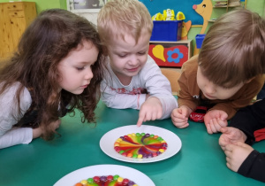 Dzieci wykonują eksperyment z cukierków- tęcza