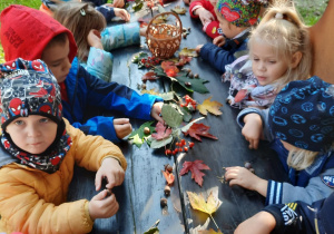 dzieci oglądają w ogrodzie dary jesieni