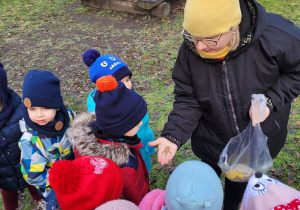 Nauczycielka rozdaje dzieciom pokarm dla ptaków