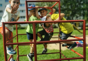 chłopcy bawią się na drabinkach w ogrodzie przedszkolnym